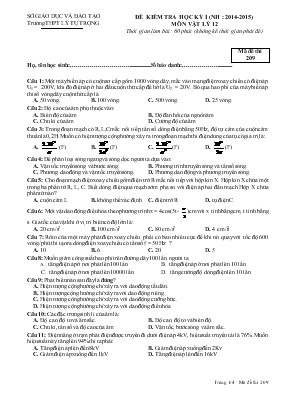 Đề kiểm tra học kỳ 1 (năm học  2014-2015) môn vật lý 12 thời gian làm bài 60 phút (không kể thời gian phát đề)